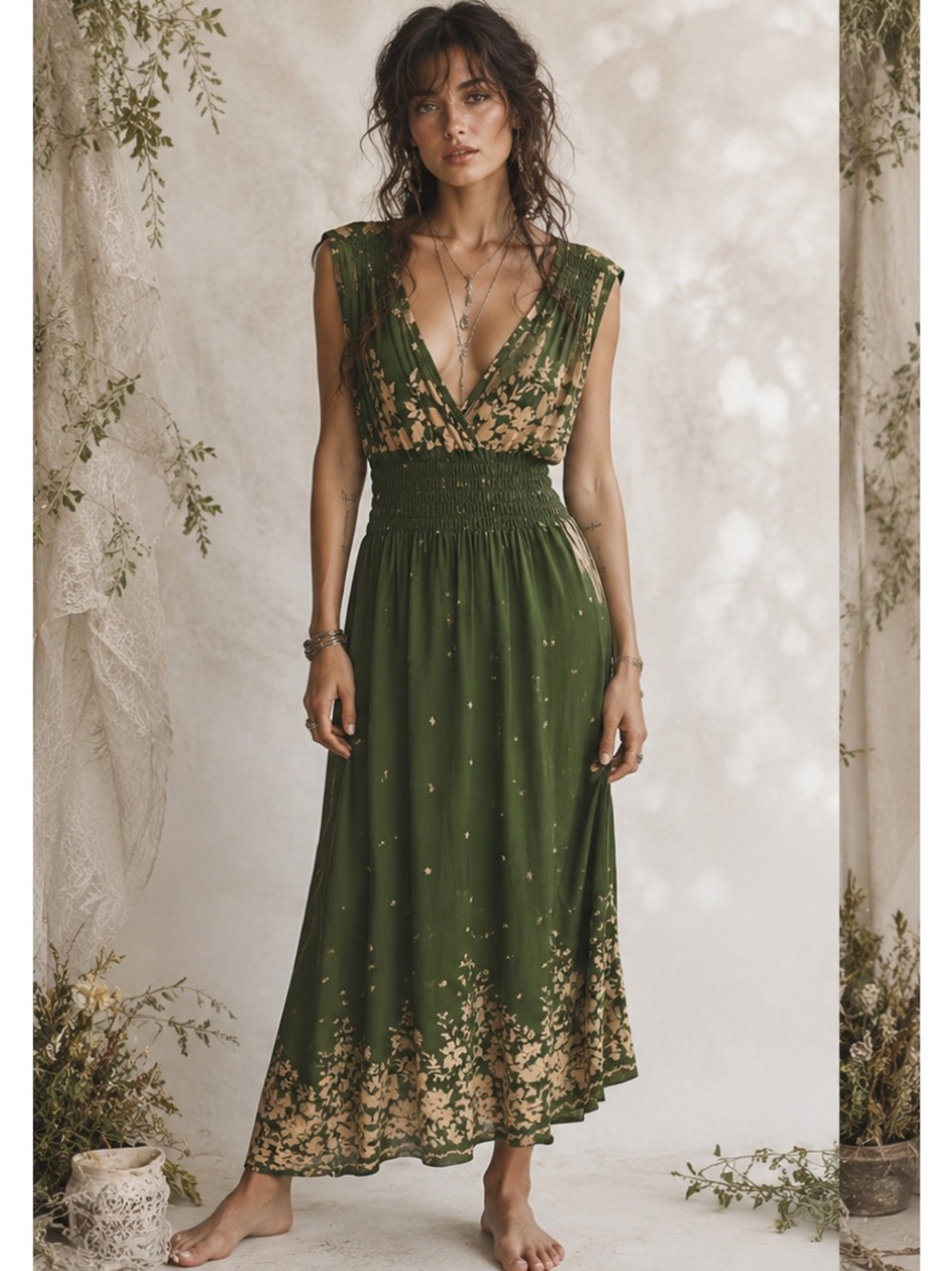 Jon & Anna Olive Green Floral Boho Fairy Botanical Cottagecore maxi Dress Medium